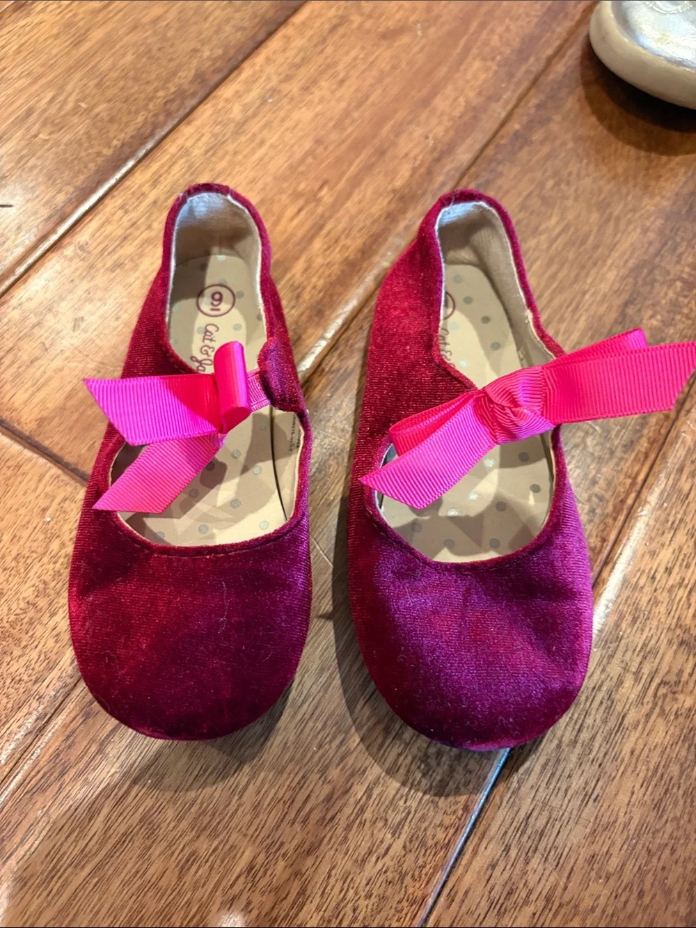 Cat & Jack Velvet Mary Jane Flats in Deep Red with Pink Bow